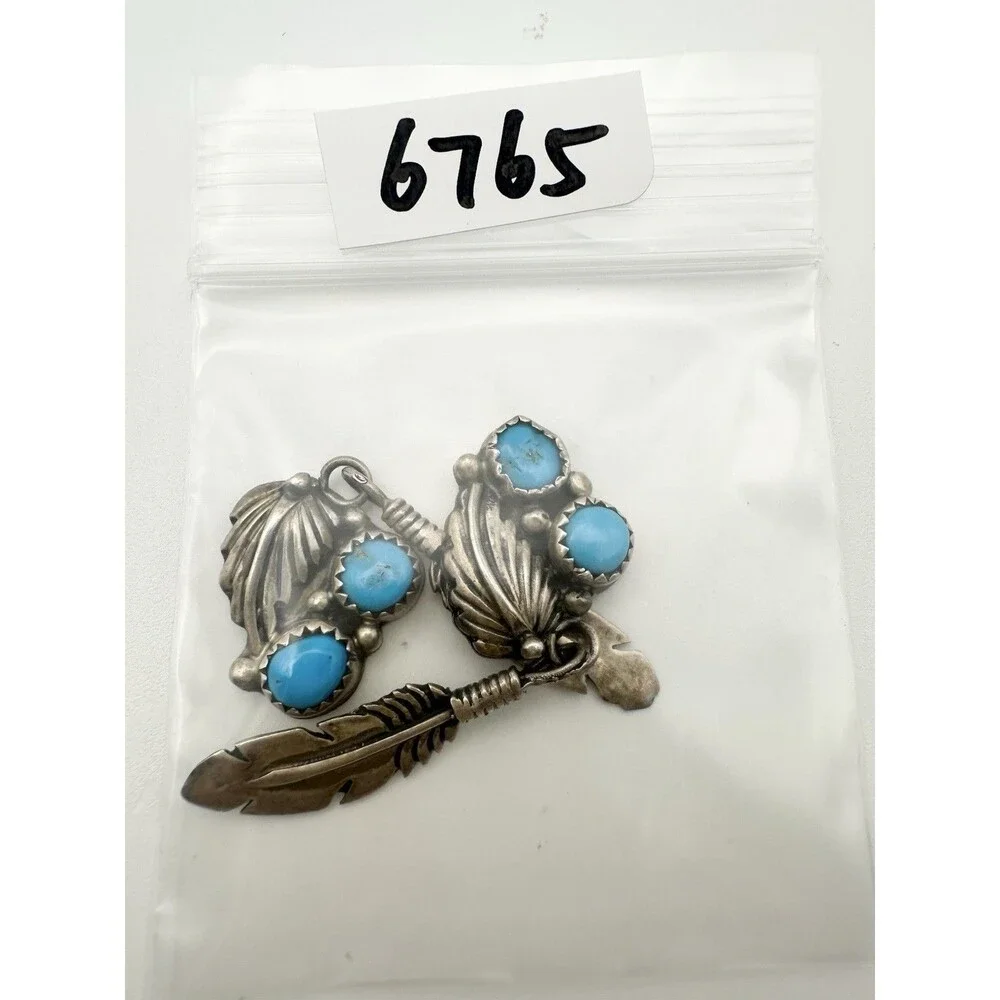 NAVAJO Signed RB TURQUOISE DANGLES STERLING SILVER EARRINGS FEATHER - For Repair